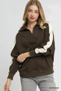 Color-block polo sweatshirt in dark brown with cream sleeves and buttoned placket