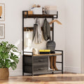 Hall tree with two drawers, shoe shelves, upper storage shelf, hooks, and garment rack