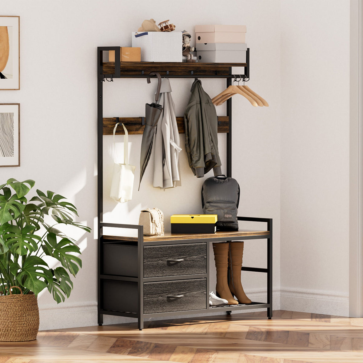 Hall tree with two drawers, shoe shelves, upper storage shelf, hooks, and garment rack