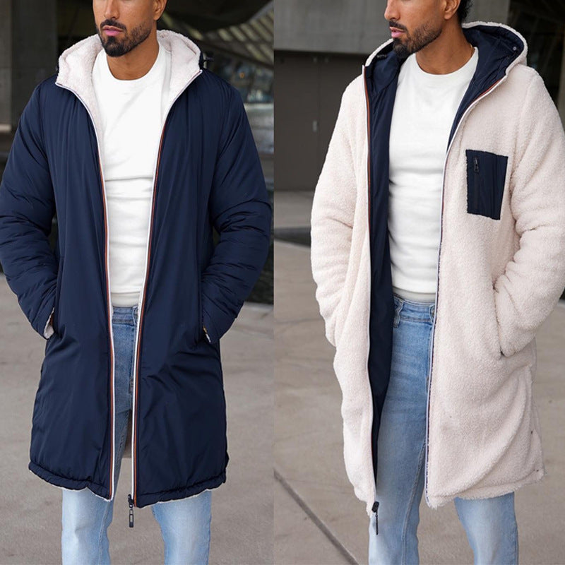 Men's reversible hooded padded coat, navy and off-white fleece with contrast details