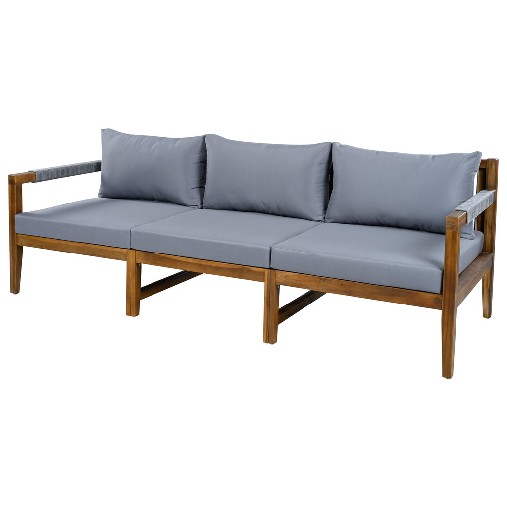 Outdoor sectional sofa set with acacia wood frame, dark gray cushions and back pillows