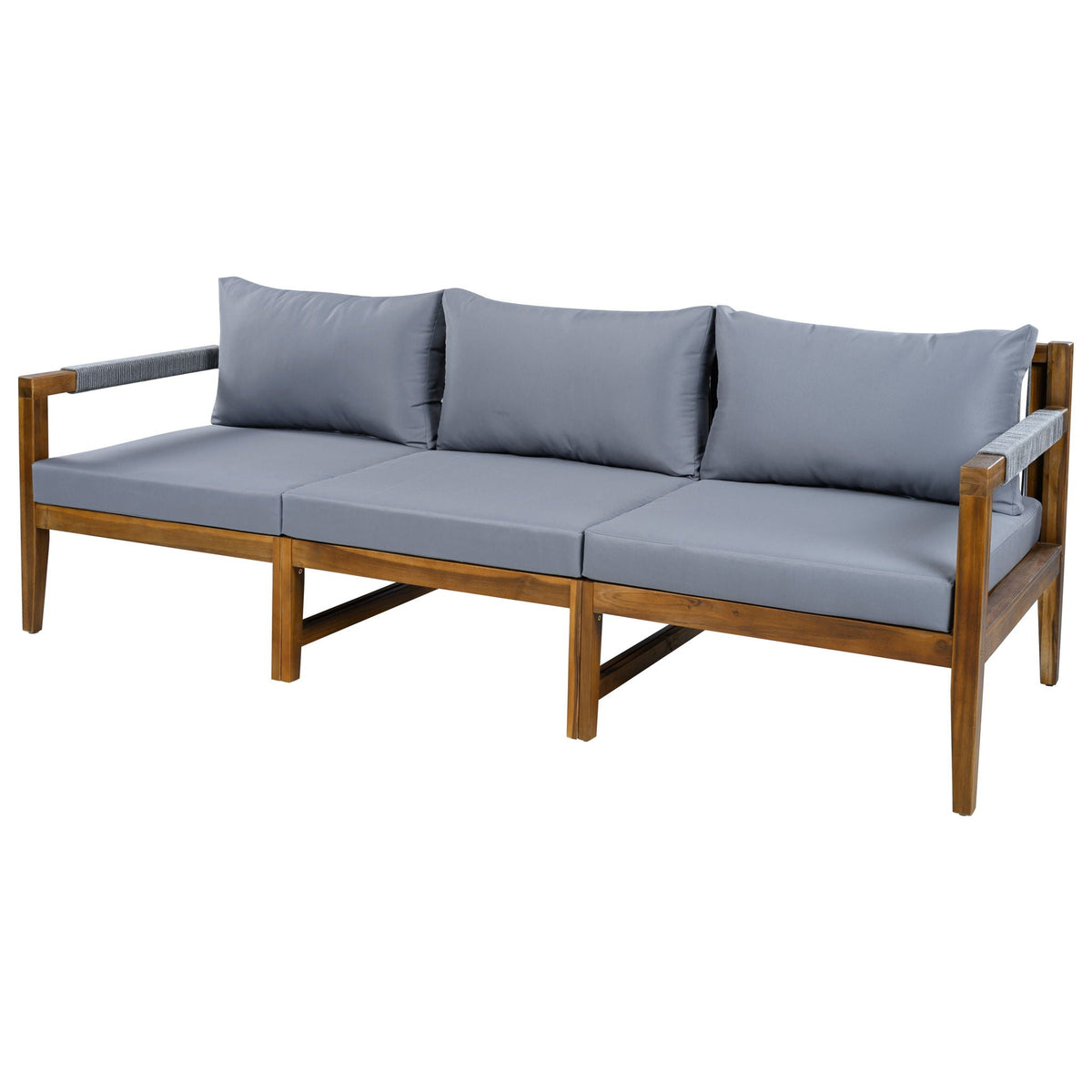 Outdoor sectional sofa set with acacia wood frame, dark gray cushions and back pillows