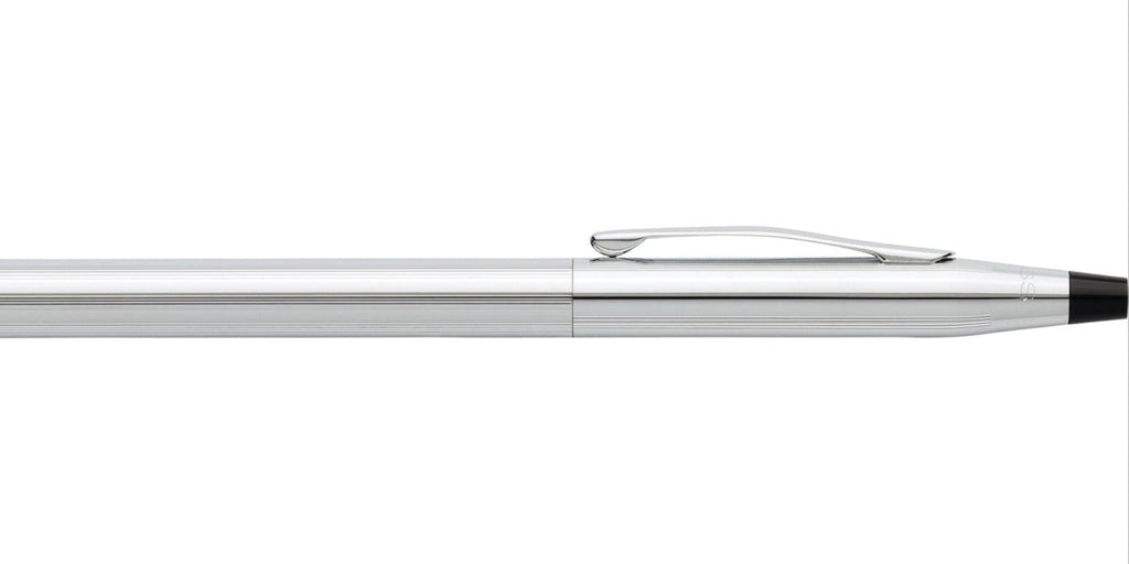 Chrome pen with curved clip and black grip, sleek barrel