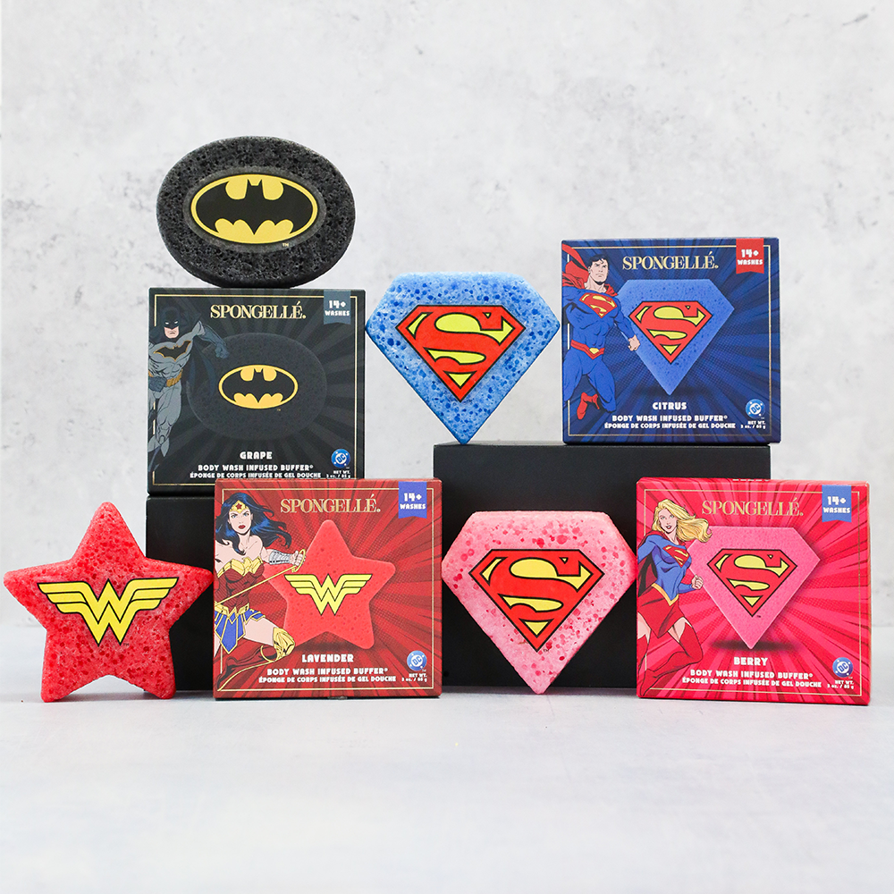 Assorted superhero body buffer sponges set with Superman, Wonder Woman, and Batman designs
