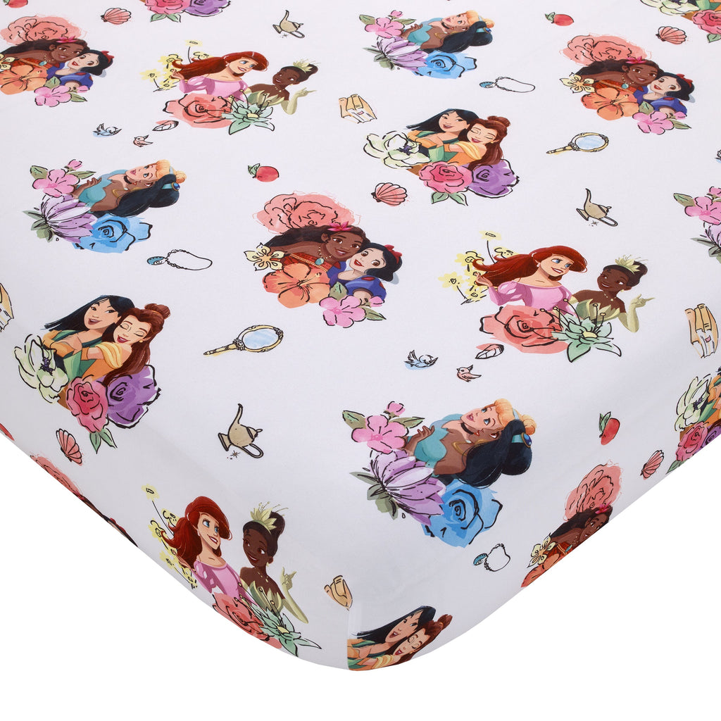 Fitted bottom sheet with allover Disney princess portraits and floral accents on white