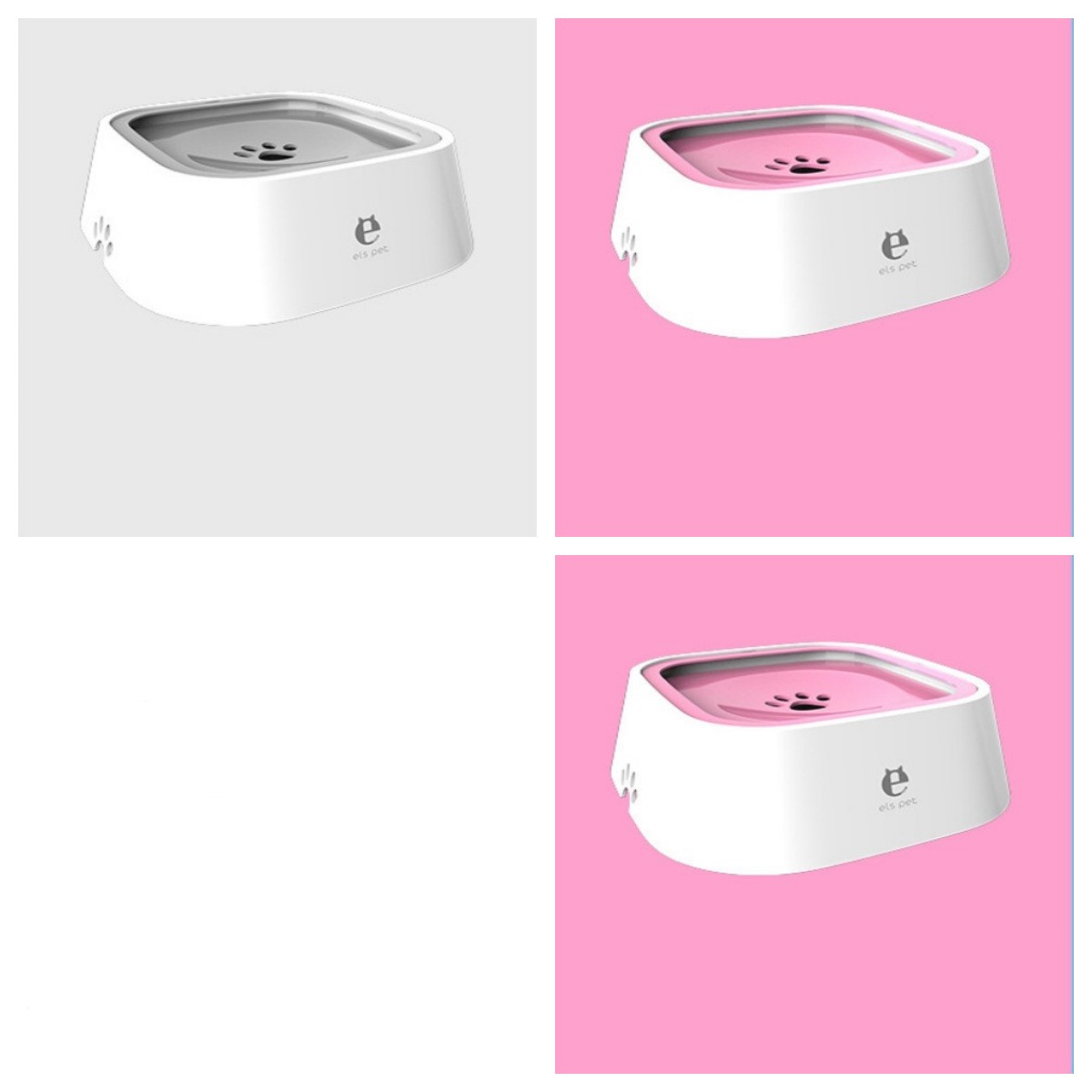 Pet water bowl with floating slow-feed tray, anti-overflow design, white with gray and pink inserts