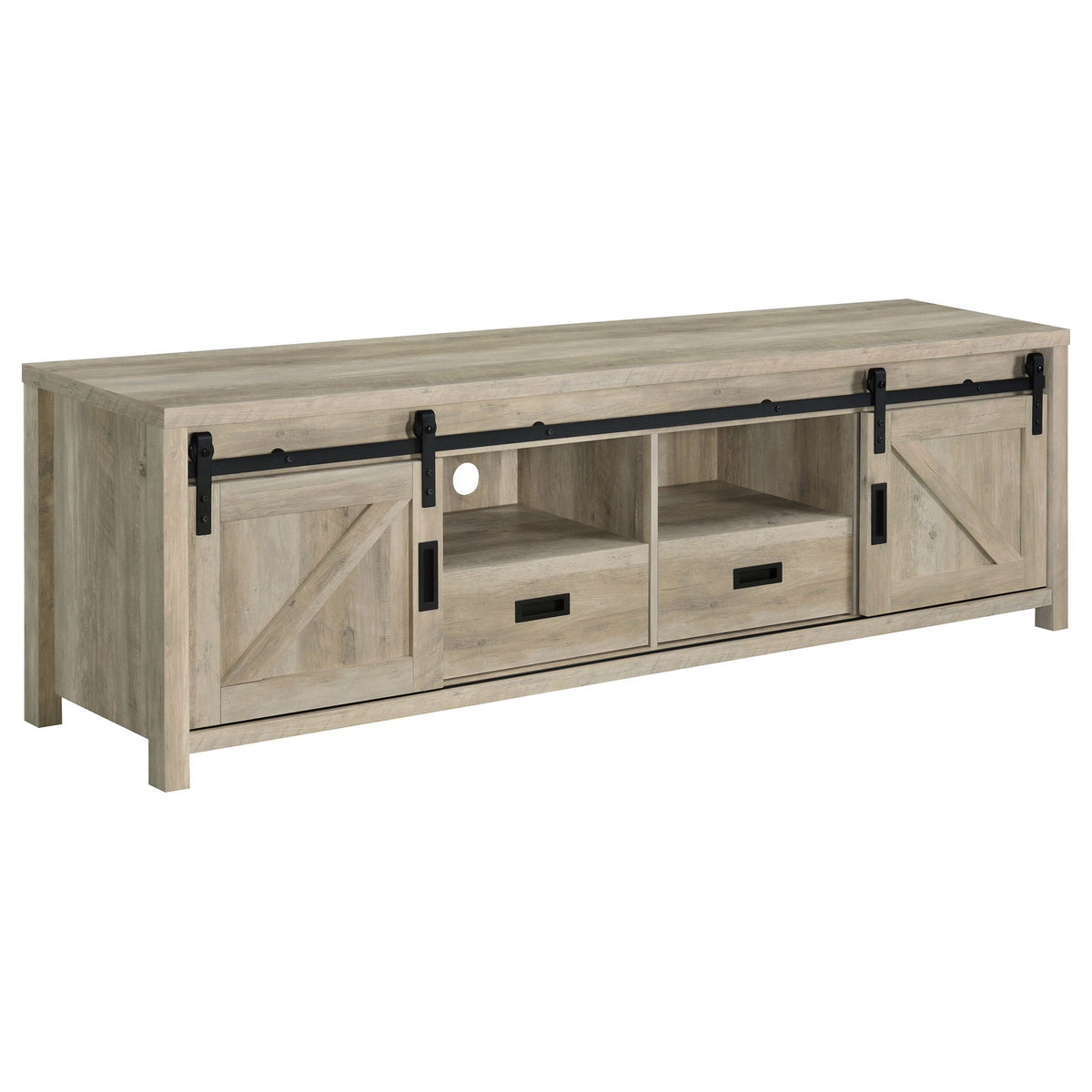 Distressed pine 79-inch TV stand with 2 doors, drawers, and open shelves
