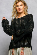 Black open-weave round-neck long-sleeve sweater, loose fit, textured knit.