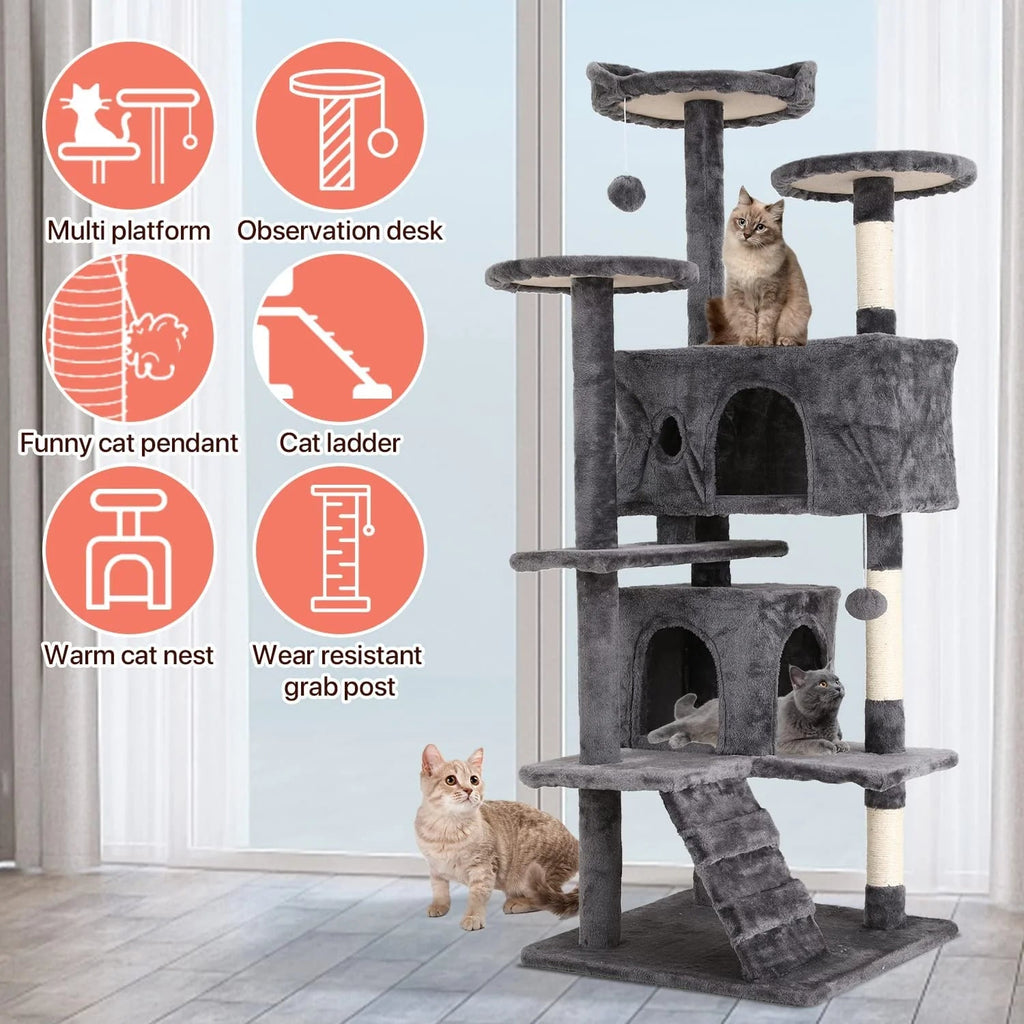 Gray cat tree with multiple platforms, two enclosed condos, a ramp and sisal posts