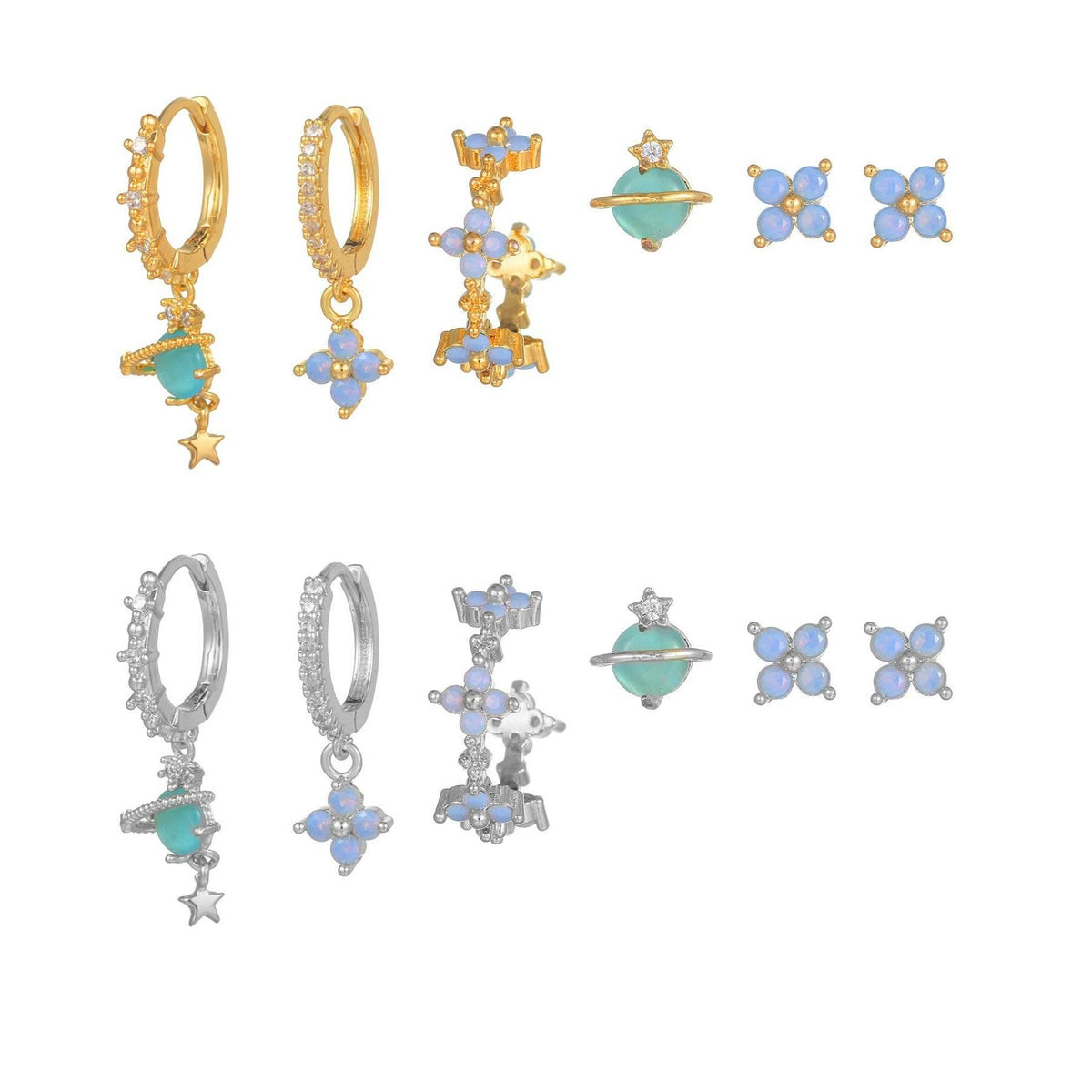 6-piece blue flower pierced earring set with zircon, gold and silver tone