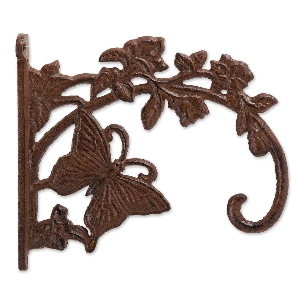 Cast iron planter bracket with butterfly and leaf scrollwork, curved hook on right