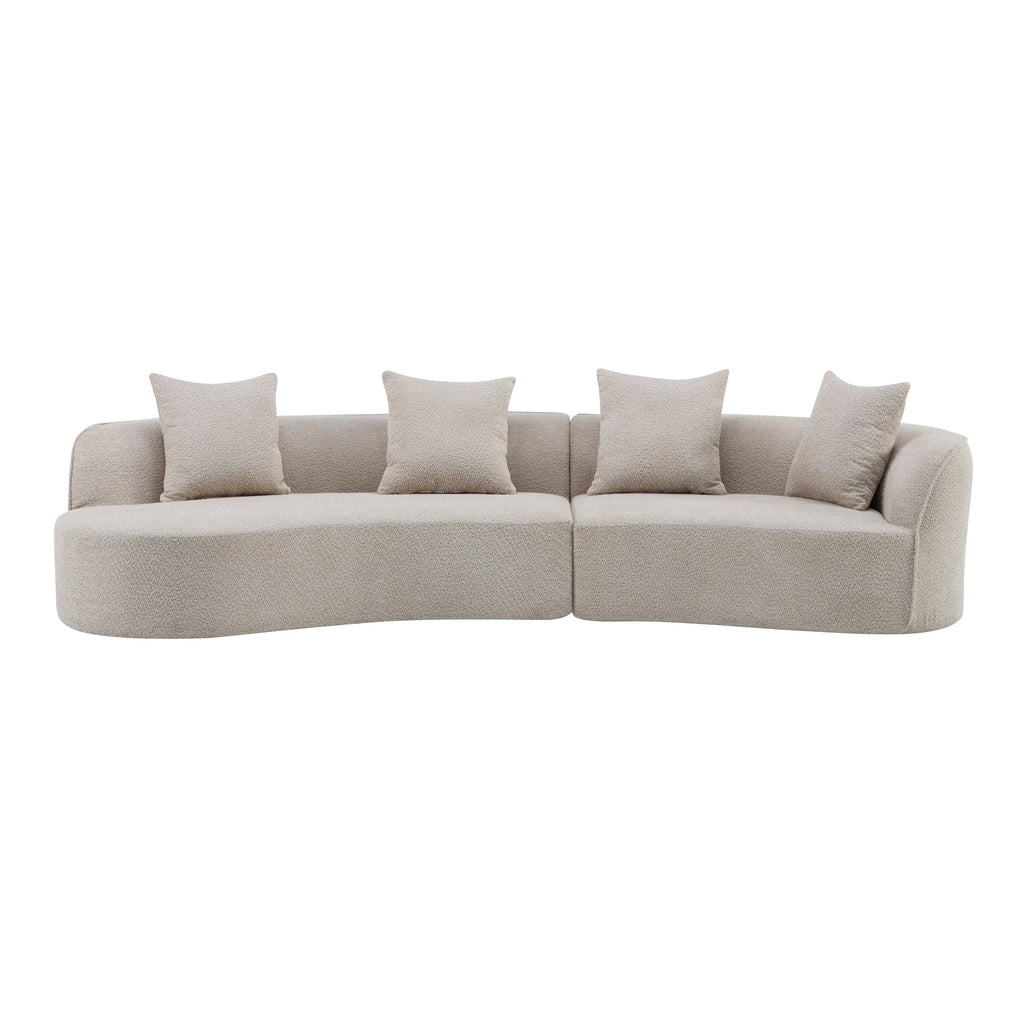 Light beige sectional sofa with curved chaise and four matching throw pillows