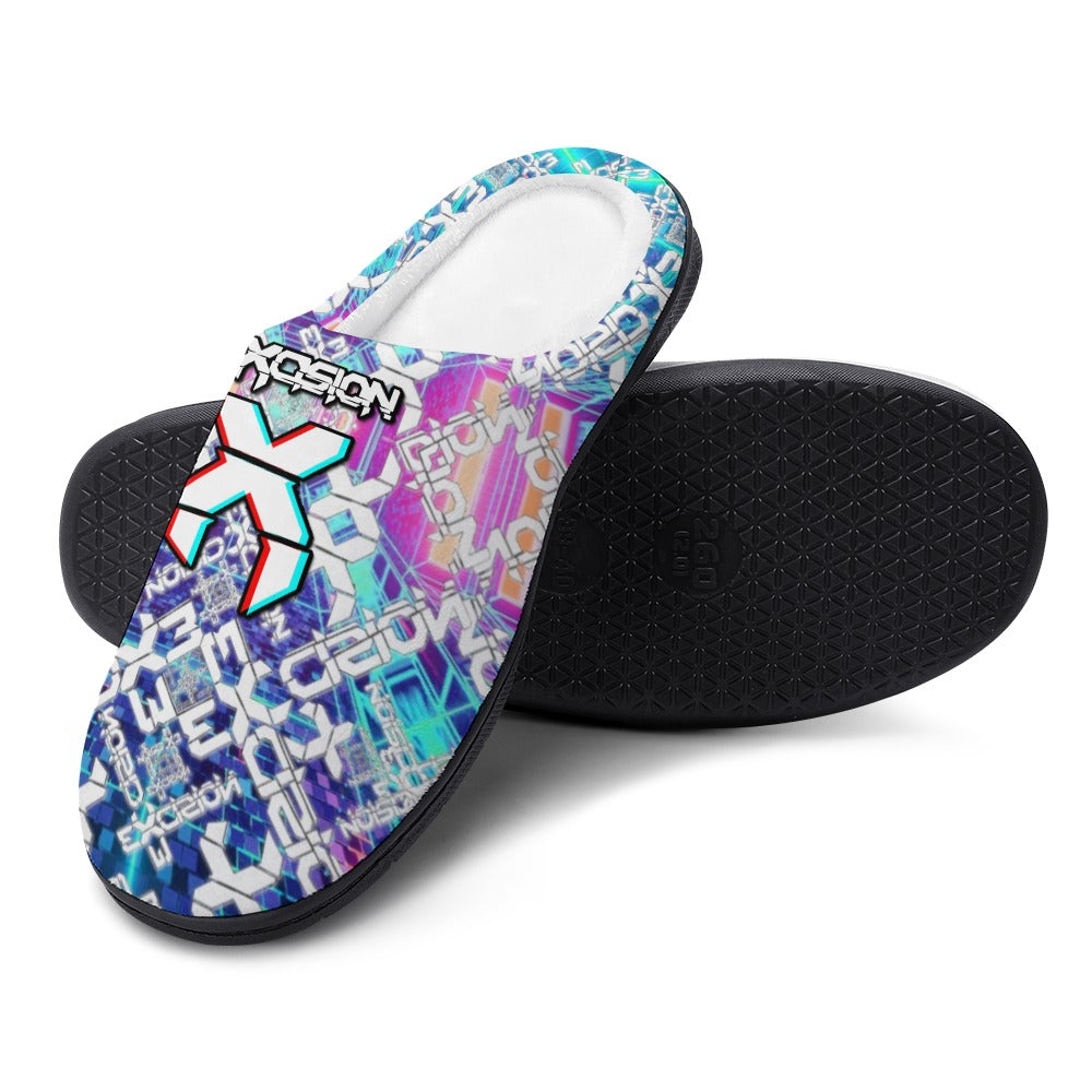 Cotton slippers showing black textured sole and blue-purple printed upper, slip-on