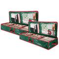 Foldable green gift wrap storage container set with red handles and zip front pockets