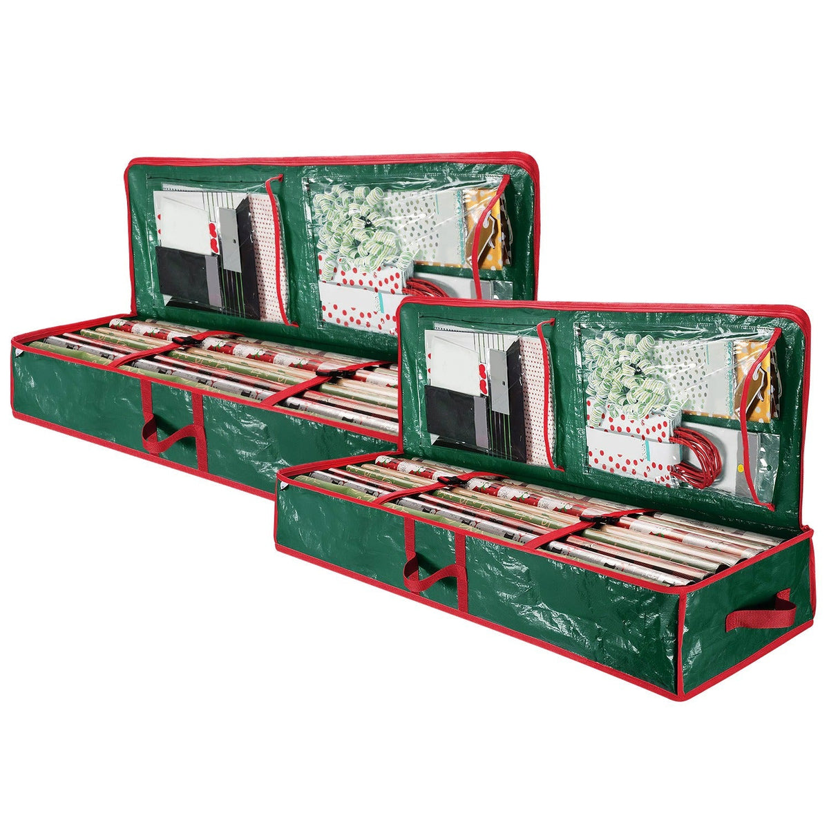 Foldable green gift wrap storage container set with red handles and zip front pockets