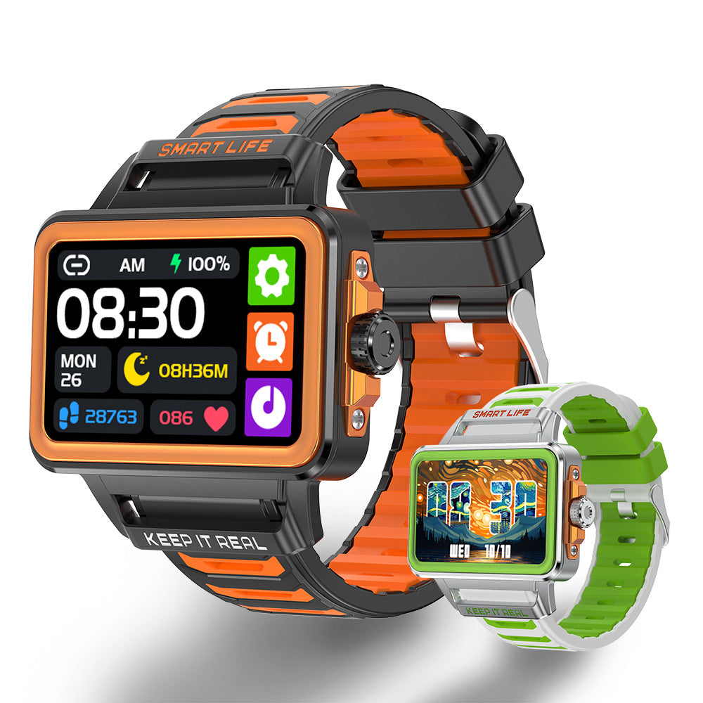 Two smart watches: orange-trim black case with orange strap, plus green strap unit