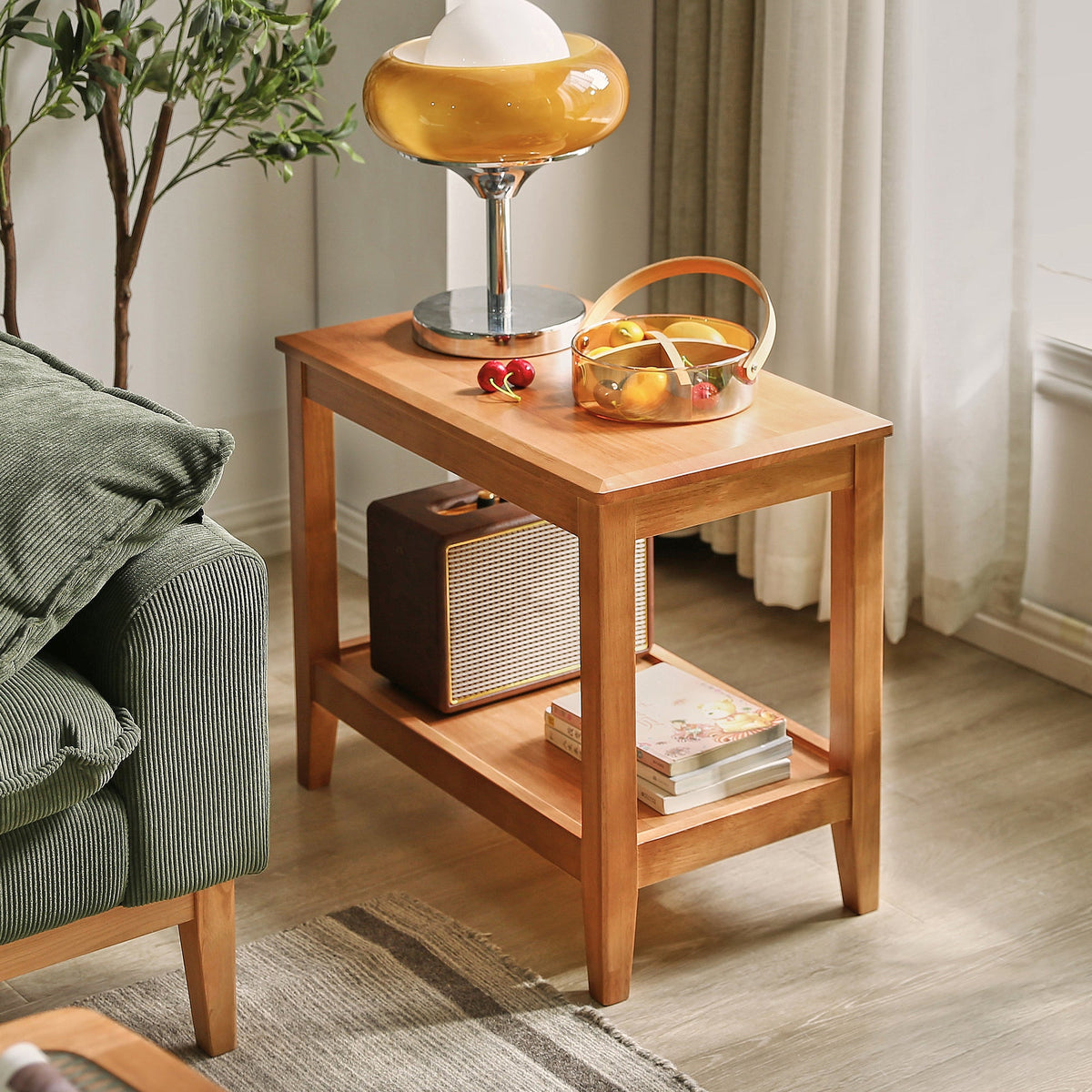 Wooden sofa side table with a spacious lower shelf and tapered legs