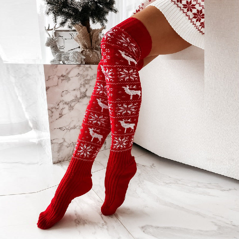 Women’s over-the-knee knitted Christmas socks, red with white reindeer and snowflake jacquard