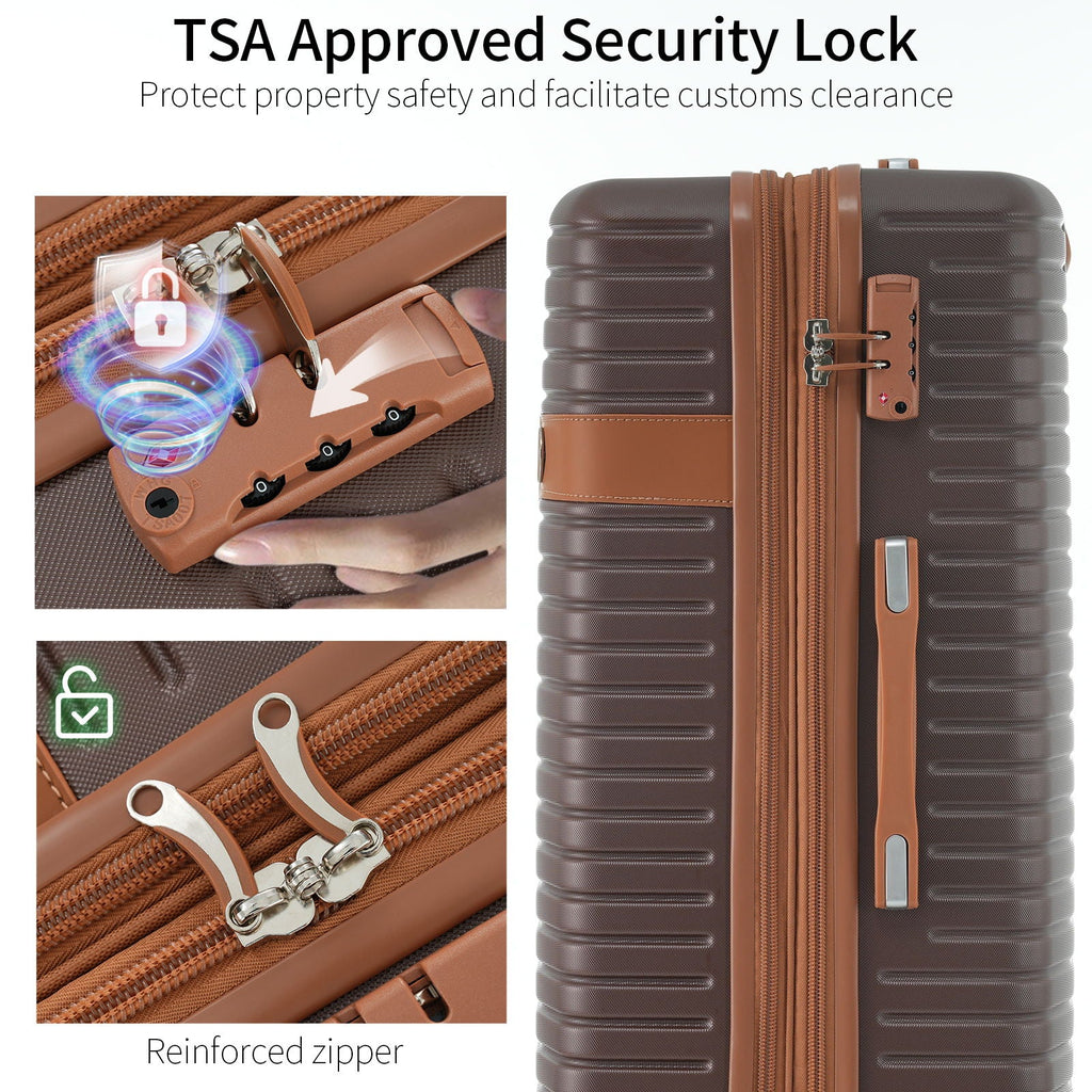 Hard-shell suitcase TSA security lock with reinforced zipper track on brown trim.