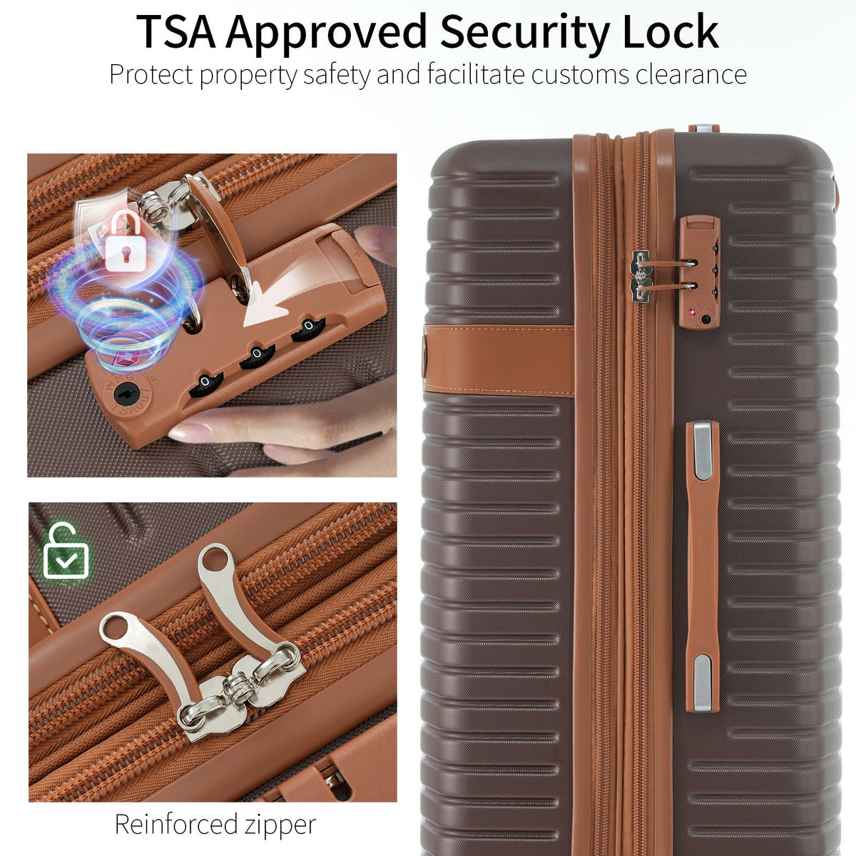 Hard-shell suitcase TSA security lock with reinforced zipper track on brown trim.