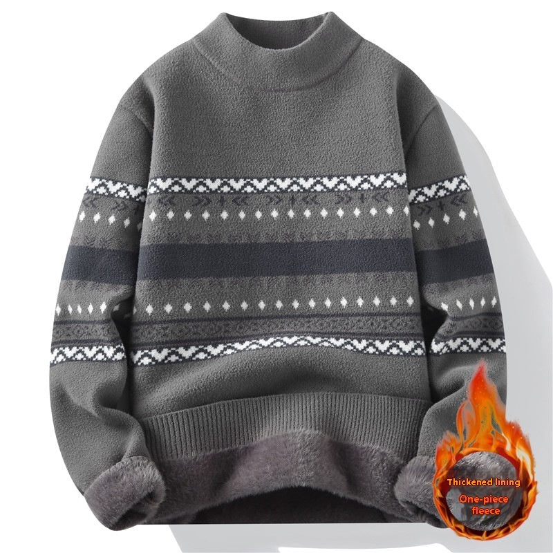 Men's mock-neck knit sweater, dark gray with white and navy Fair Isle bands