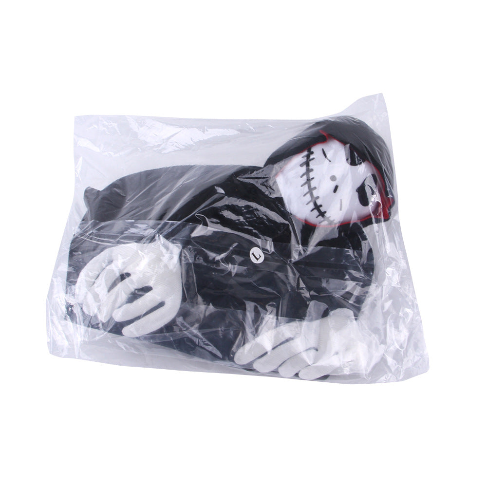 Packaged black hooded pet Halloween costume with skull face and white gloves