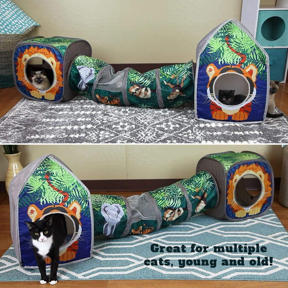 Connected jungle cat cubes and printed tunnel shown from two angles