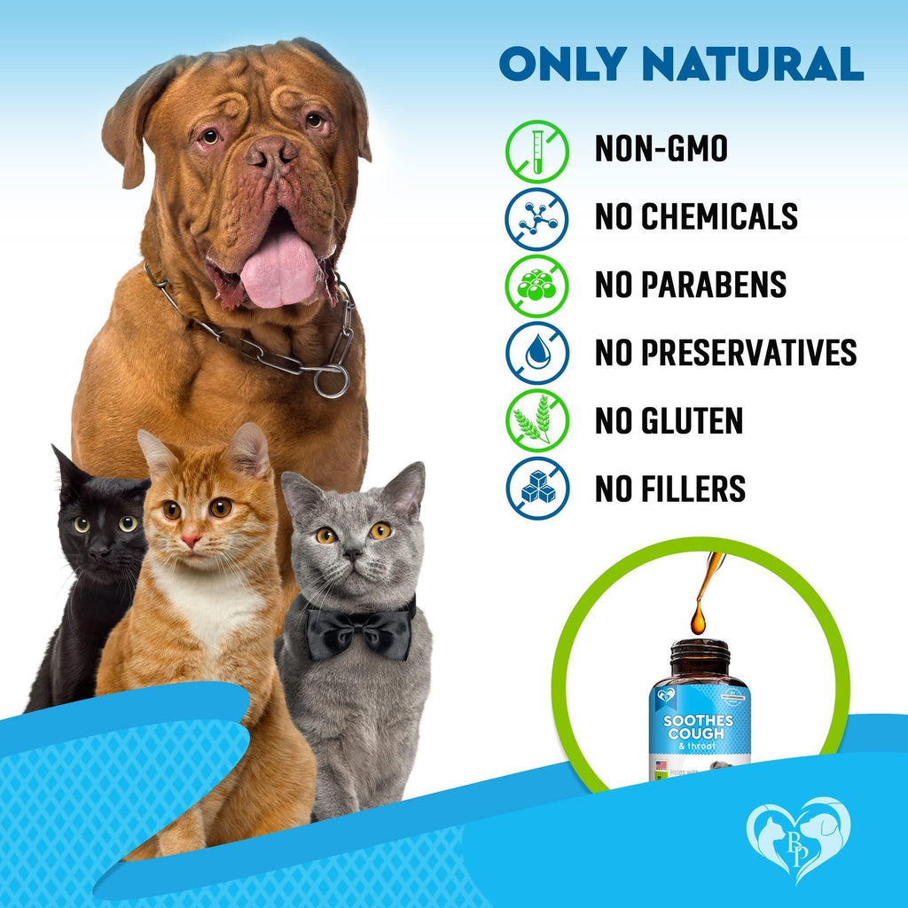 Natural pet cough supplement with dog and cats and small bottle inset