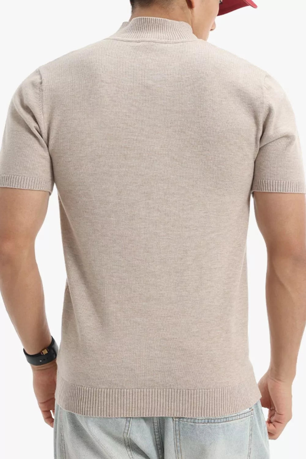 Men's slim-fit short-sleeve sweater with ribbed turtleneck, eggshell knit (back)