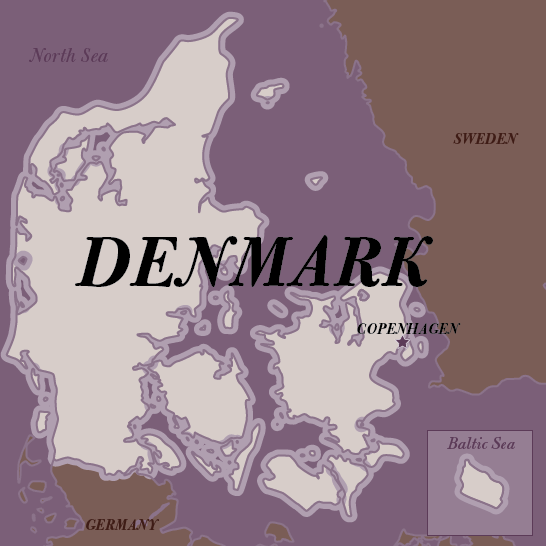 Denmark map graphic with Copenhagen, Sweden, Germany, and Baltic Sea inset
