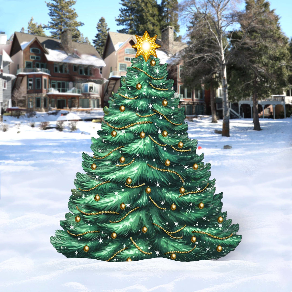 Green wooden Christmas tree with gold light strands and star topper in snow yard