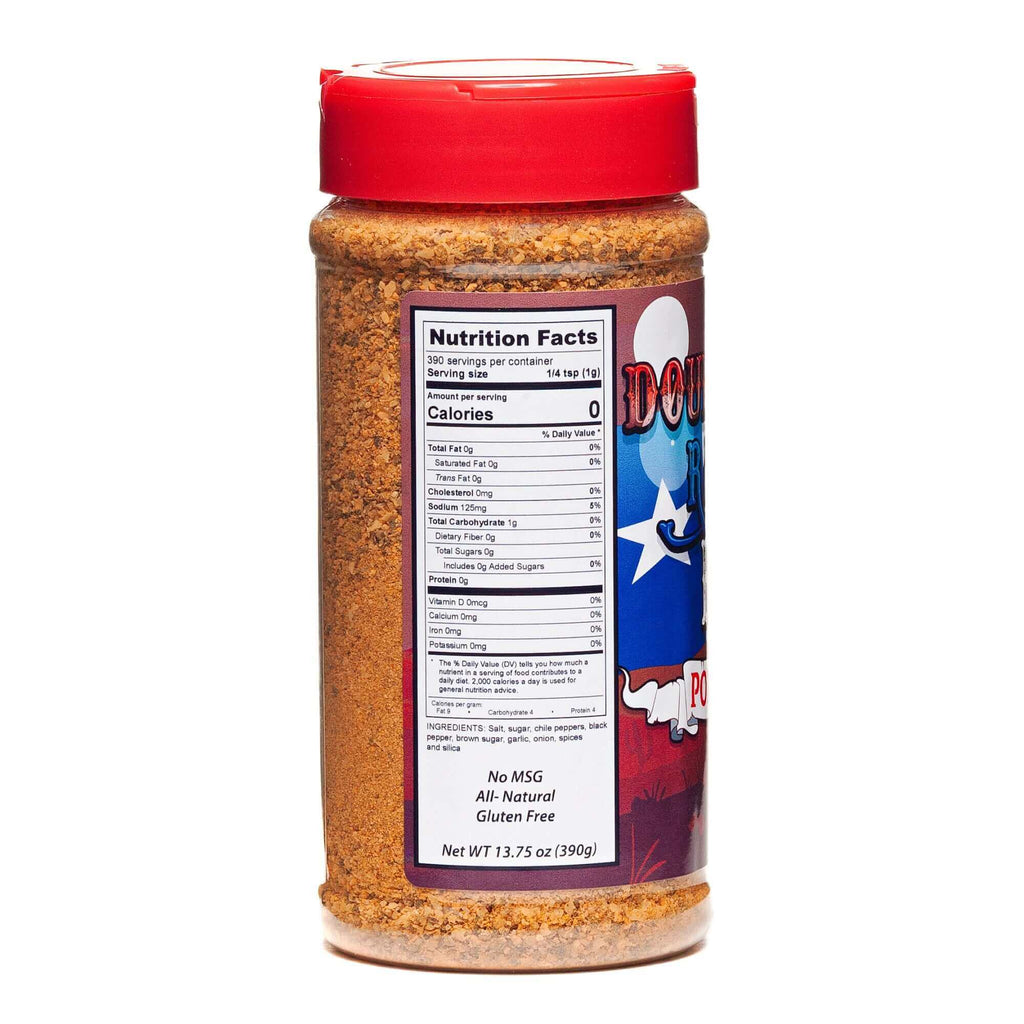 BBQ pork rub seasoning jar with red lid, Nutrition Facts and ingredients label