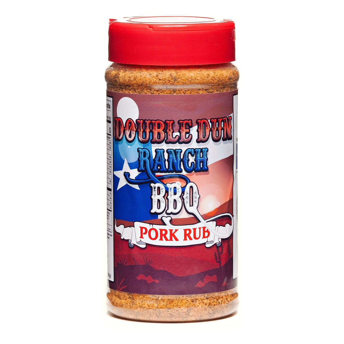 BBQ pork rub seasoning jar with red lid, Double Dun Ranch label