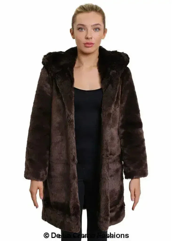 Women’s dark brown faux fur hooded winter jacket, front view with hood and pockets.