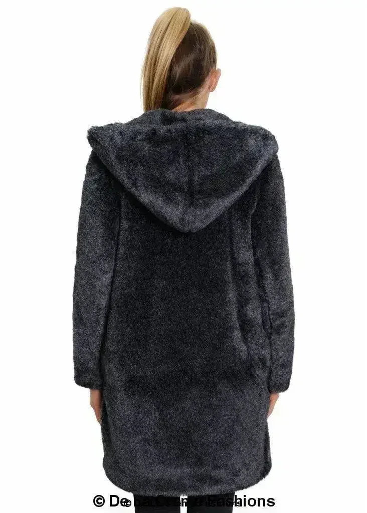 Women’s black faux fur hooded winter jacket, back view with hood covering collar.