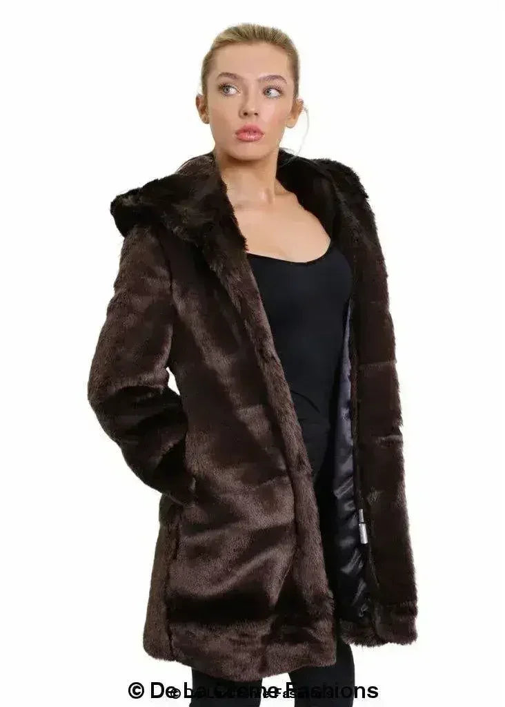 Women’s dark brown faux fur hooded winter jacket, front open, long sleeves.