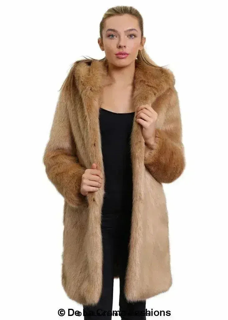 Women’s camel faux fur hooded winter jacket, front view, open with long sleeves.