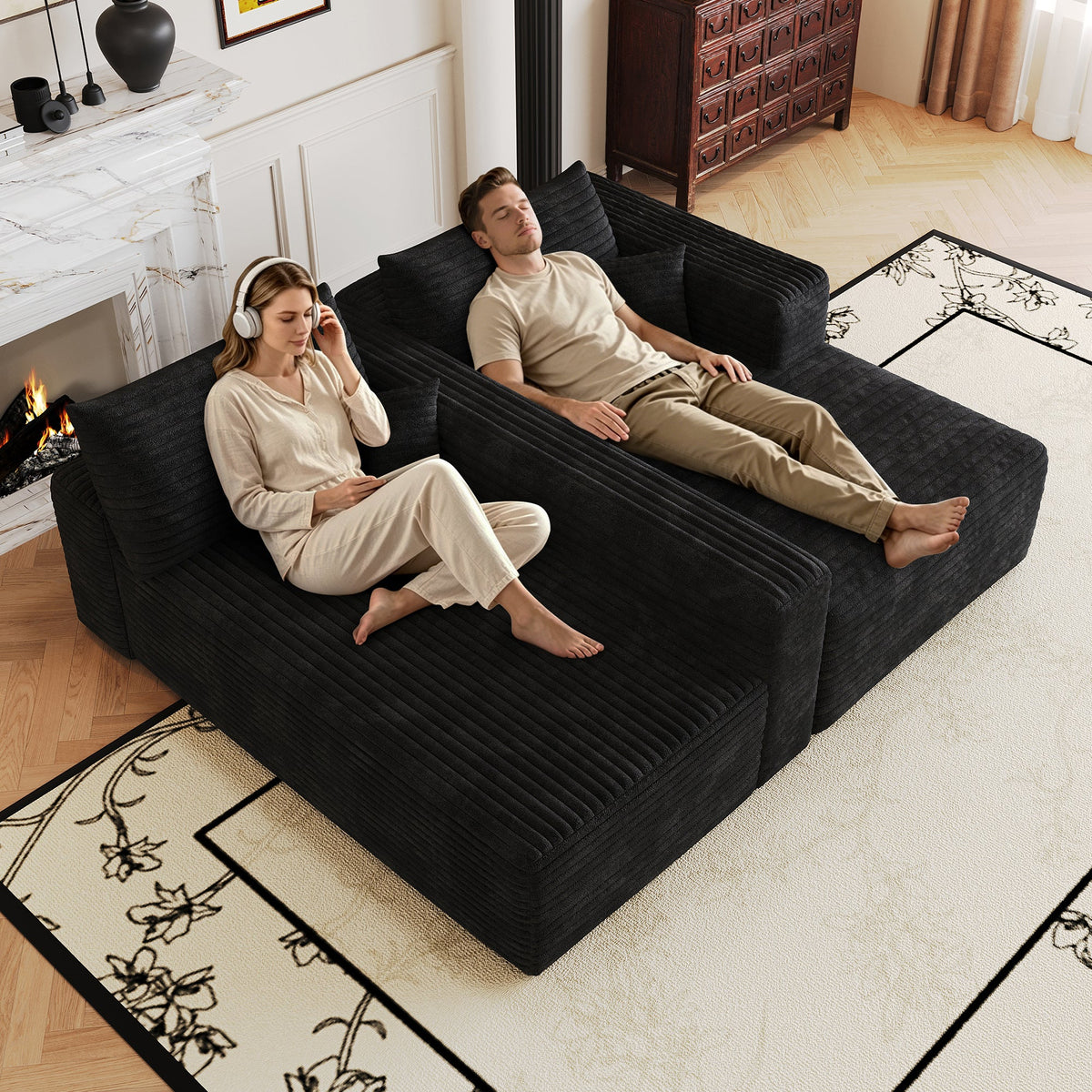 Plush corduroy sectional sofa with chaise and thick seat cushions, corner view
