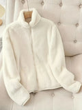 White fleece zip-up jacket with full front zipper and hood