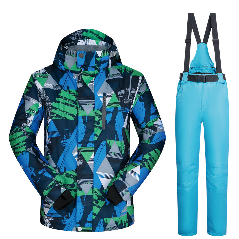 Men's hooded ski jacket and light blue bib pants, blue-green geometric winter pattern.