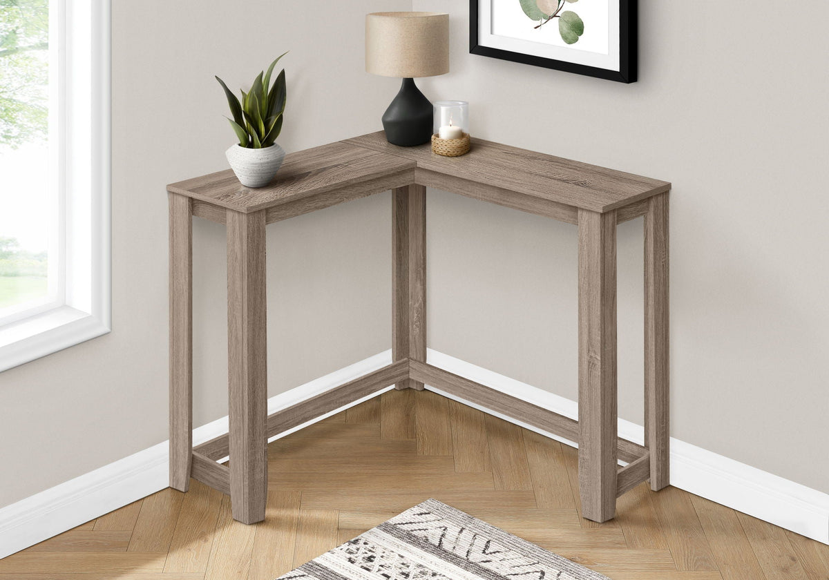 Corner accent console table in light brown wood with squared legs and open corner frame.