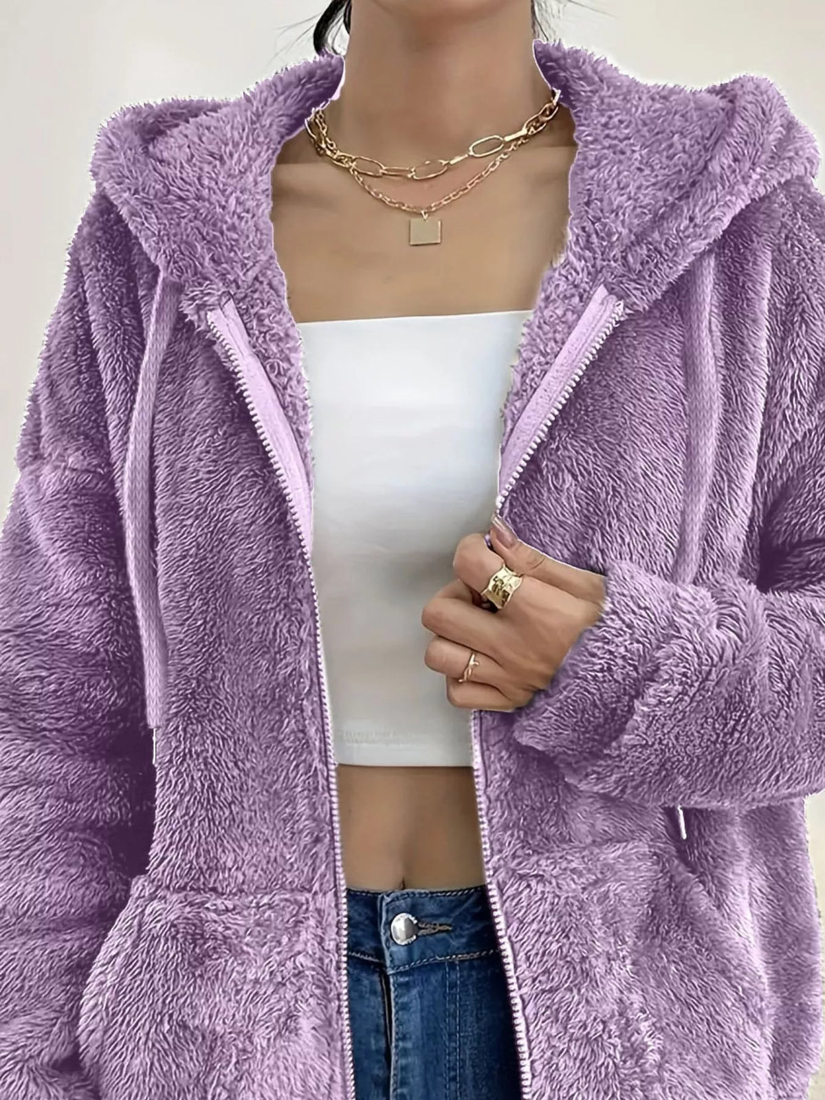 Lavender purple fleece zip-up jacket with front zipper and two side pockets