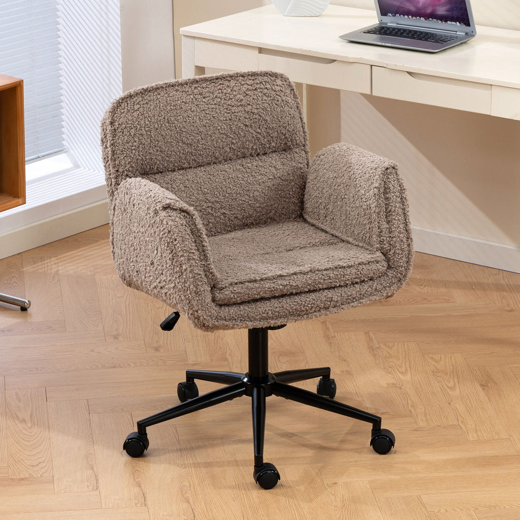 Dark brown textured fabric swivel desk chair with padded armrests and rolling casters