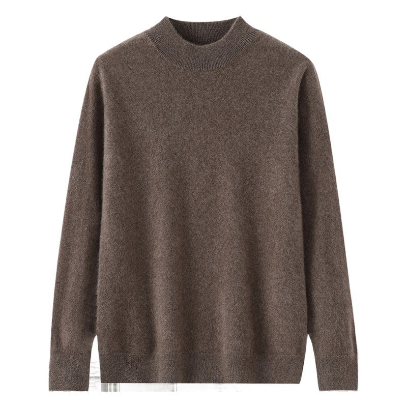 Men's cashmere base-layer sweater in medium brown, crew neck, long sleeves, ribbed trim.