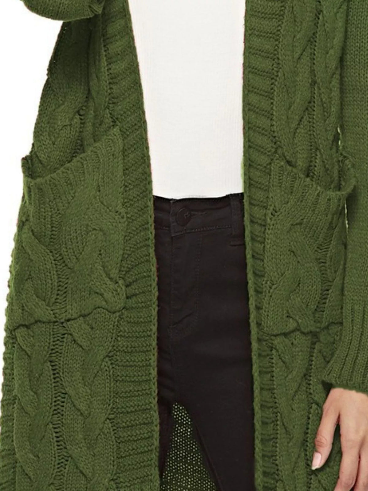Chunky knit open-front cardigan in dark green, long sleeves, cable knit texture