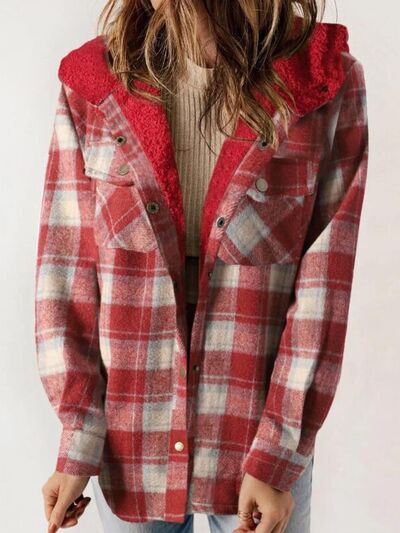 Women’s red plaid snap-front hooded plush jacket with buttoned chest pockets and fur hood
