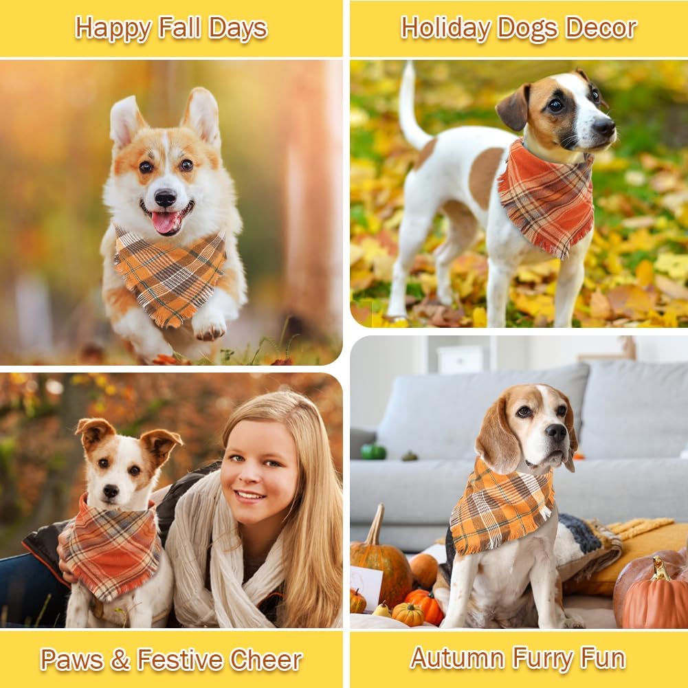 Dog wearing orange and tan plaid triangle bandana with tassel fringe