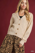 Ecru chunky cable knit v-neck button-up cardigan with wooden buttons