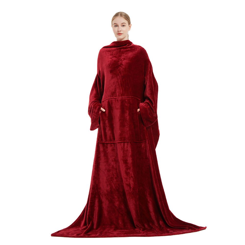 Red long plush robe blanket with hood and side pockets