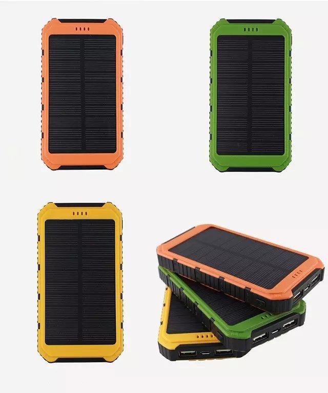 Solar power bank set in orange, green, and yellow, plus stacked angled view.